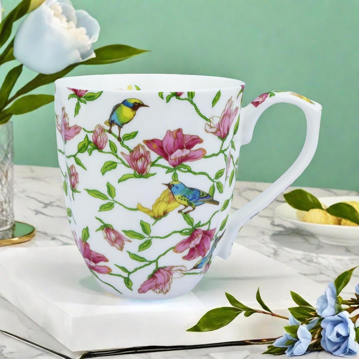 14oz Cute Coffee Mugs for Women Cute Mugs Bone China Floral Coffee Mug Teacups for Mom Women Birthday Gifts Christmas Gifts