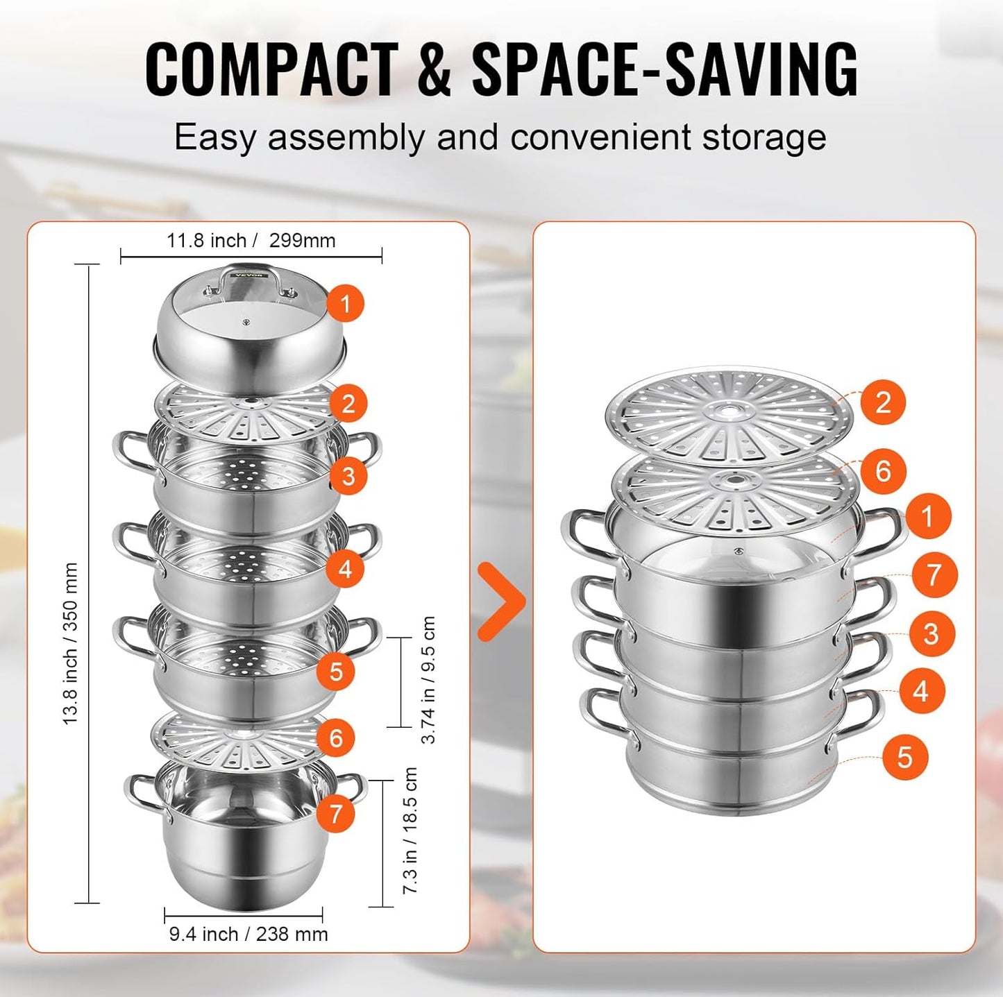 VEVOR Steamer Pot 11.8in/30cm, 5 Tier Steamer Pot for Cooking with 10QT Stock Pot, 3 Vegetable Steamers & 2 Steaming Trays, Food-Grade 304 Stainless Steel Food Steamer Cookware for Gas Electric Stove