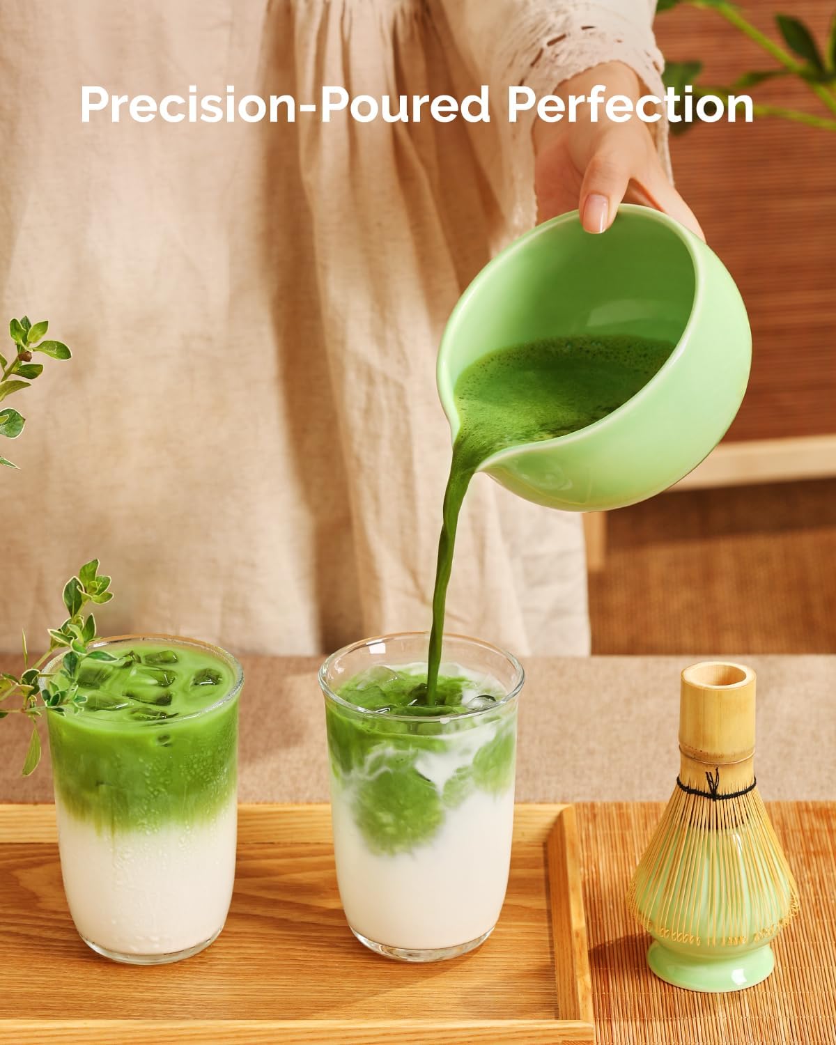 Maestri House 7 Pcs Matcha Whisk Set, Ceramic Tea Kit with Spouted Bowl, Whisk & Holder, Bamboo Scoop, Scoop Rest, Sifter & Cloth – Complete Japanese Tea Gift Set for Beginners & Tea Lovers (Green)