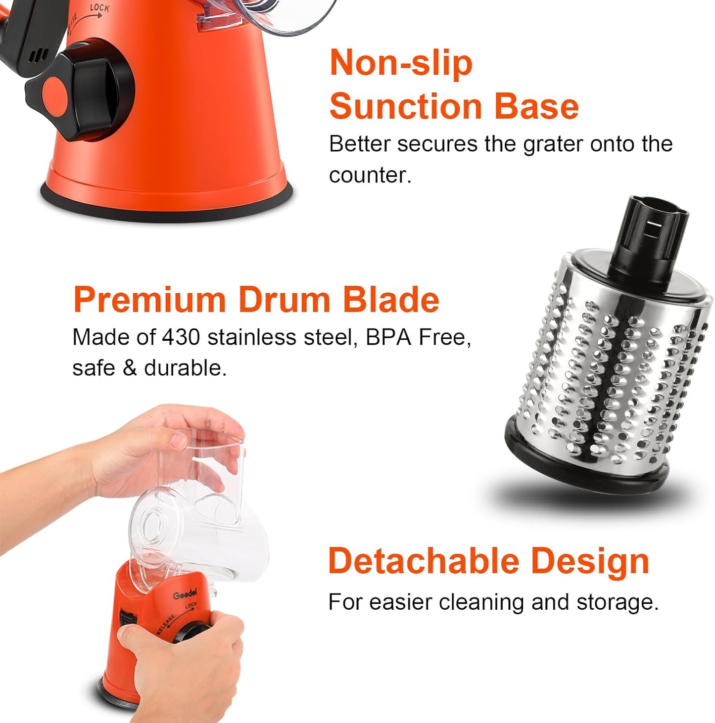 Geedel Rotary Cheese Grater, Kitchen Mandoline Vegetable Slicer with 3 Interchangeable Blades, Easy to Clean Rotary Grater Slicer for Fruit, Vegetables, Nuts