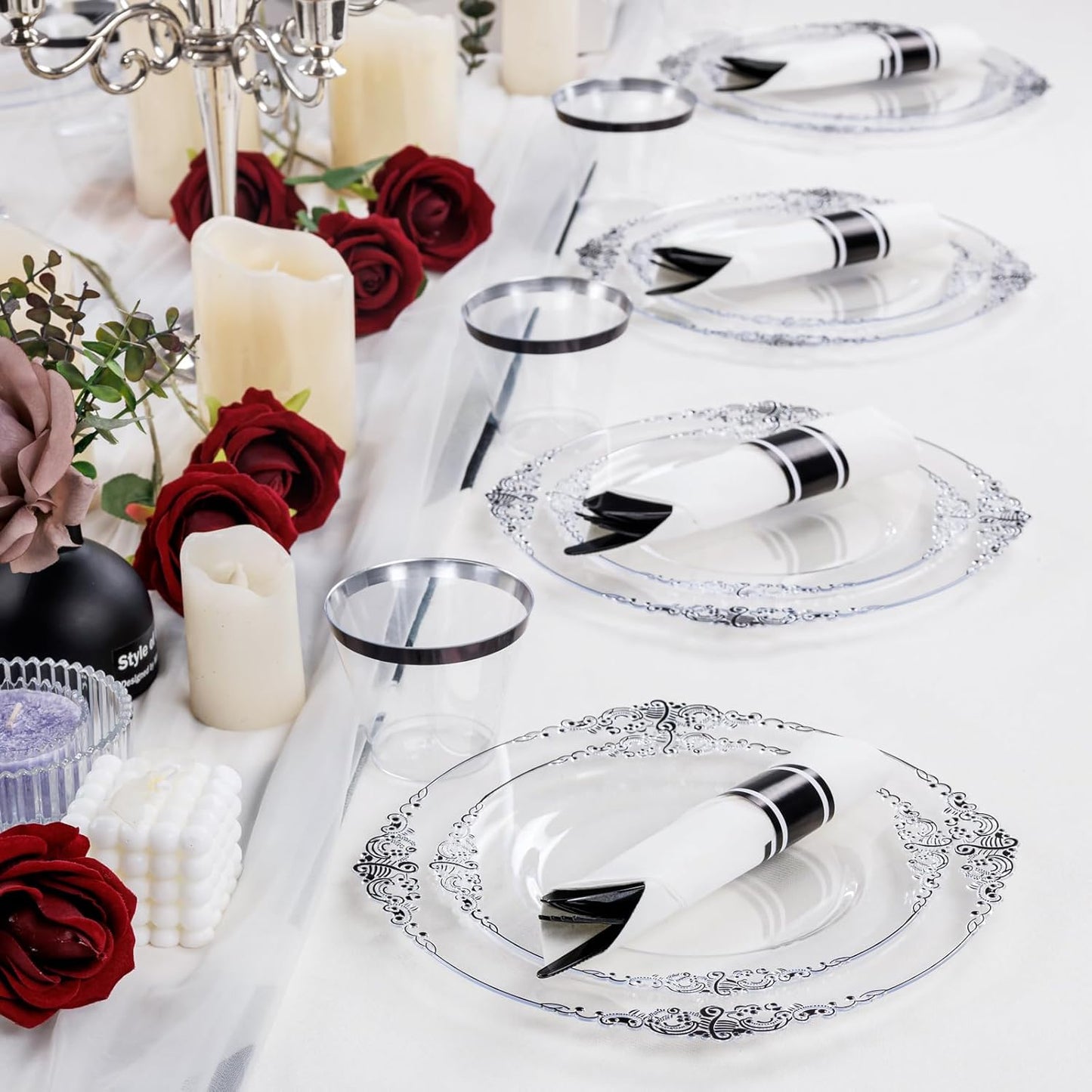 Hioasis 350pcs Clear Black Plastic Plates - Elegant Disposable Dinnerware Set Suitable for 50 Guests Include 10.25" Dinner & 7.5" Dessert Plates, Pre Rolled Silverware Set, Cups for Party & Halloween