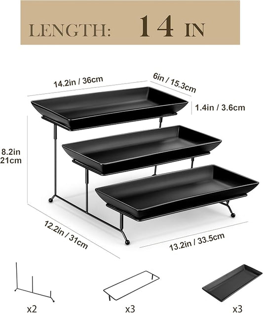 MALACASA 3 Tier Serving Trays for Party, Stoneware Serving Platters and Trays, 14 Inch Tiered Tray Stand, Fruit Tray, Trays for Serving Food, Black Dessert Stand with Collapsible Sturdier Metal Rack