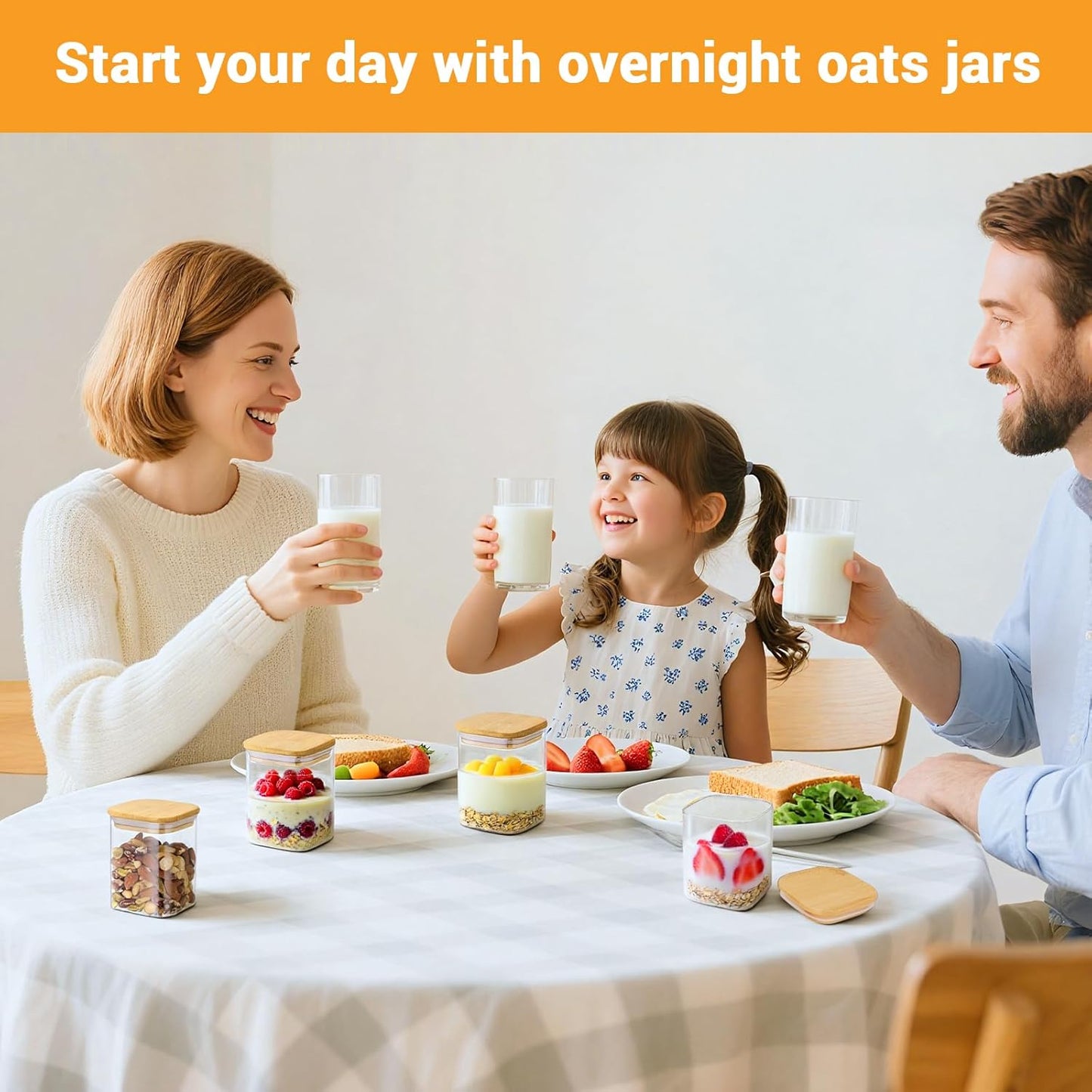 Glass Jars with Bamboo Lids, 15 Fl.oz Glass Storage Jars with Airtight Lids Set of 4, Clear Pantry Containers for Spice, Sugar, Coffee, Tea, Nuts, Beans - Included Labels, Marker and Spoon