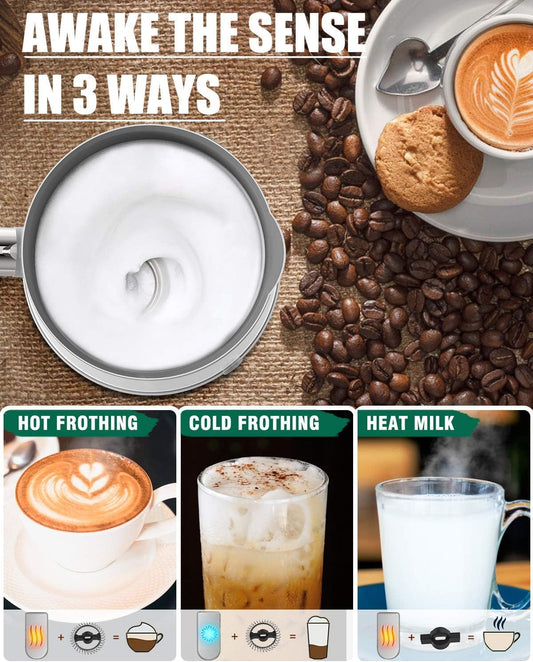 Huogary Milk Frother, Large Capacity Milk Frother and Steamer, 3 in 1 Electric Warm & Cold Milk Foam Maker, Non Stick Automatic Milk Warmer for Latte, Cappuccinos, Macchiato, White
