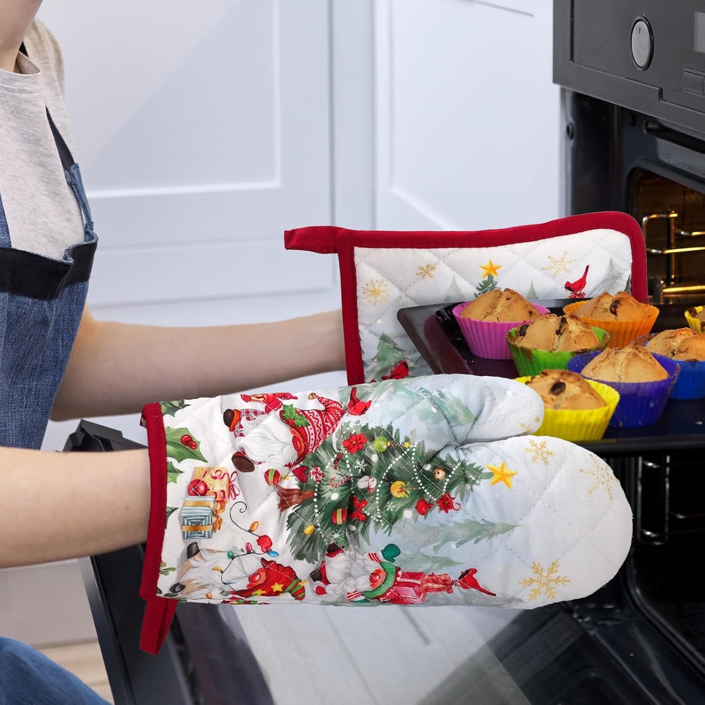 Christmas Winter Gnomes Oven Mitts and Pot Holders Sets 4Pcs, 100% Cotton Heat Resistant, Extra Long Oven Gloves Potholder for Kitchen Cooking Baking Decoration