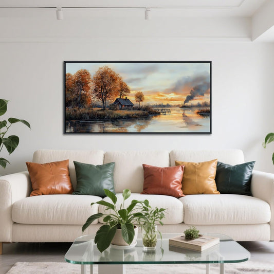 QZQCBLC Lake View Canvas Wall Art, Sunset Clouds Tree Cabin Orange Tone Landscape Wall Pictures Large Farmhouse Style Painting Framed Artwork for Living room Bedroom kitchen Home Office Decor 24x48 IN