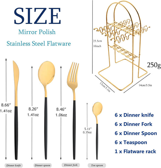 Black Gold 24Pcs Flatware Set With Stand, Lightweight Dinnerware Set Stainless Steel Cutlery With Black handles For Home Kitchen Wedding Party And Daily Use,Service For 6, Mirror Polish