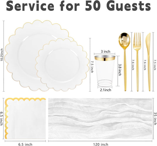 WONDERFUL 351pcs Upgrade White Plastic Plates - Plastic Dinnerware set with Fancy Gold Edges Includes 1 Table Runner 100 Disposable Plates 150 Silverware 50 Cups 50 Napkins for Wedding High End Party