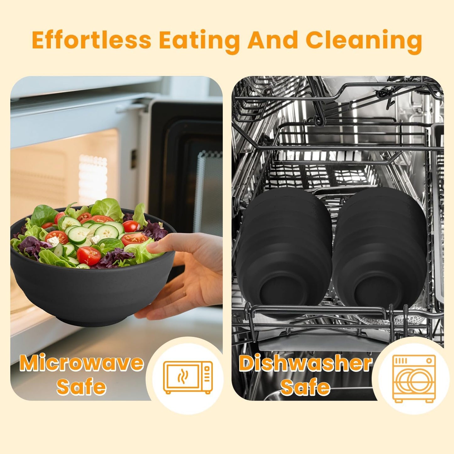 Homienly 60 OZ Salad Bowls,Large Soup Bowls Set of 8,Wheat Straw Bowl Sets,Unbreakable Large Serving Bowls,Big Cereal Bowl for Kitchen, Salad, Soup, Microwave and Dishwasher Safe Bowl - Black