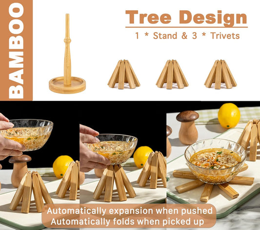 8" Bamboo Tree Trivets Set with Mini Tray (3 Trivets+1 Stand), Heat Resistant Pot Holders Serving Mats for Kitchen Countertops/Table, Bamboo
