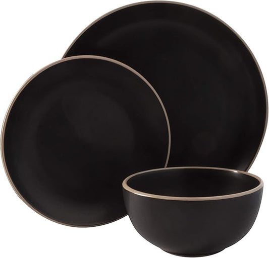 Gibson Home Rockaway 12-Piece Stoneware Dinnerware Set, Service for 4 – Modern Round Plates and Bowls, Dishwasher & Microwave Safe, Black