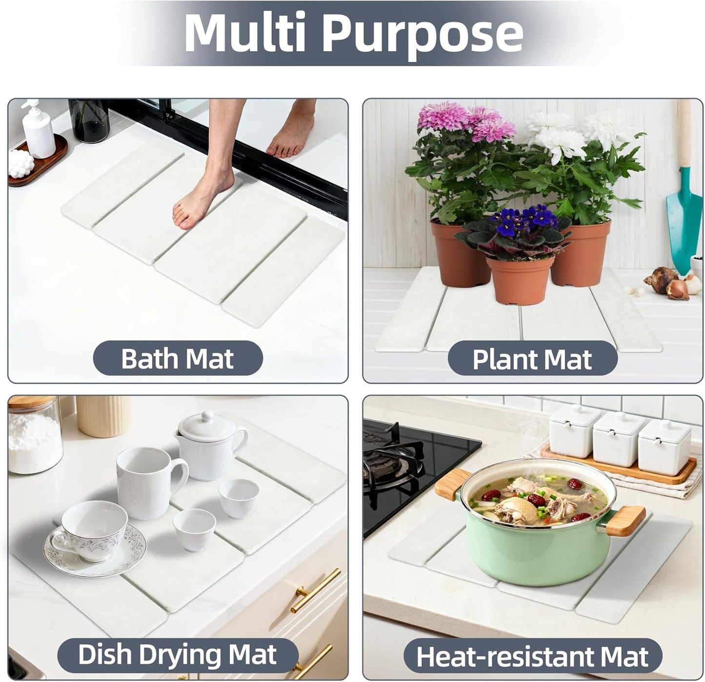 Stone Dish Drying Mat for Kitchen Counter,24x16 Collapsible Diatomaceous Earth Mats, Quick Drying Absorbent Dish Mat,Non-Slip Countertop & Bath Mat for Dishes Cups Bottles,White