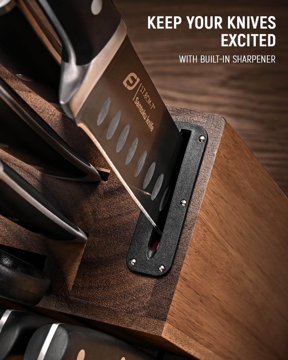 Knife Set, Emojoy 17-Piece Kitchen Knife Set with Heavy-Duty Acacia Block, Premium Titanium Stainless Steel Knife Block Set with Built-in Sharpener, Rust Proof