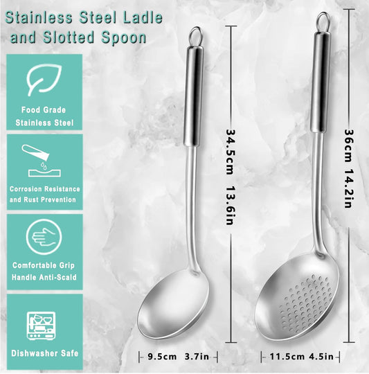 Pleafind 2-Pcs Ladle and Slotted Spoon, Soup Ladle and Strainer Spoons, Stainless Steel Cooking Spoon and Skimmer Spoons, Kitchen Utensils, Wok Utensils for Home and Restaurant, Dishwasher Safe