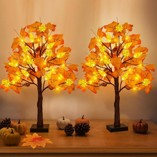 2 Pack 24 Inch Prelit Fall Maple Tree Decorations with 48 LEDs Timer Fall Battery Operated Lighted Artificial Pumpkin Acorn Light Up Maple Tree for Thanksgiving Harvest Table Home Indoor Decor