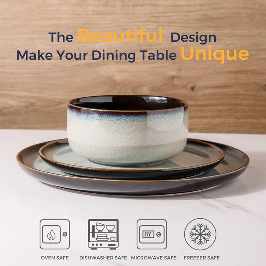 LERATIO Ceramic Dinnerware Sets for 8,Plates and Bowls Sets,Reactive Glaze Dishes Set,Highly Chip and Crack Resistant | Dishwasher & Microwave & Oven Safe Dishes set,Service for 8-Gray White(24pcs)