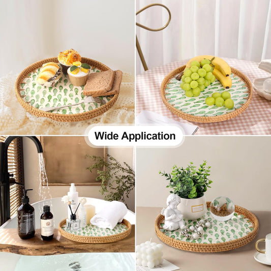 Round Rattan Tray with Mother of Pearl Inlay, Rattan Serving Tray for Coffee, Bread, Fruits, Decorative Wicker Tray for Table Decor, Home Decor, Kitchen Island Decor (Round Green Fish, 11.8")