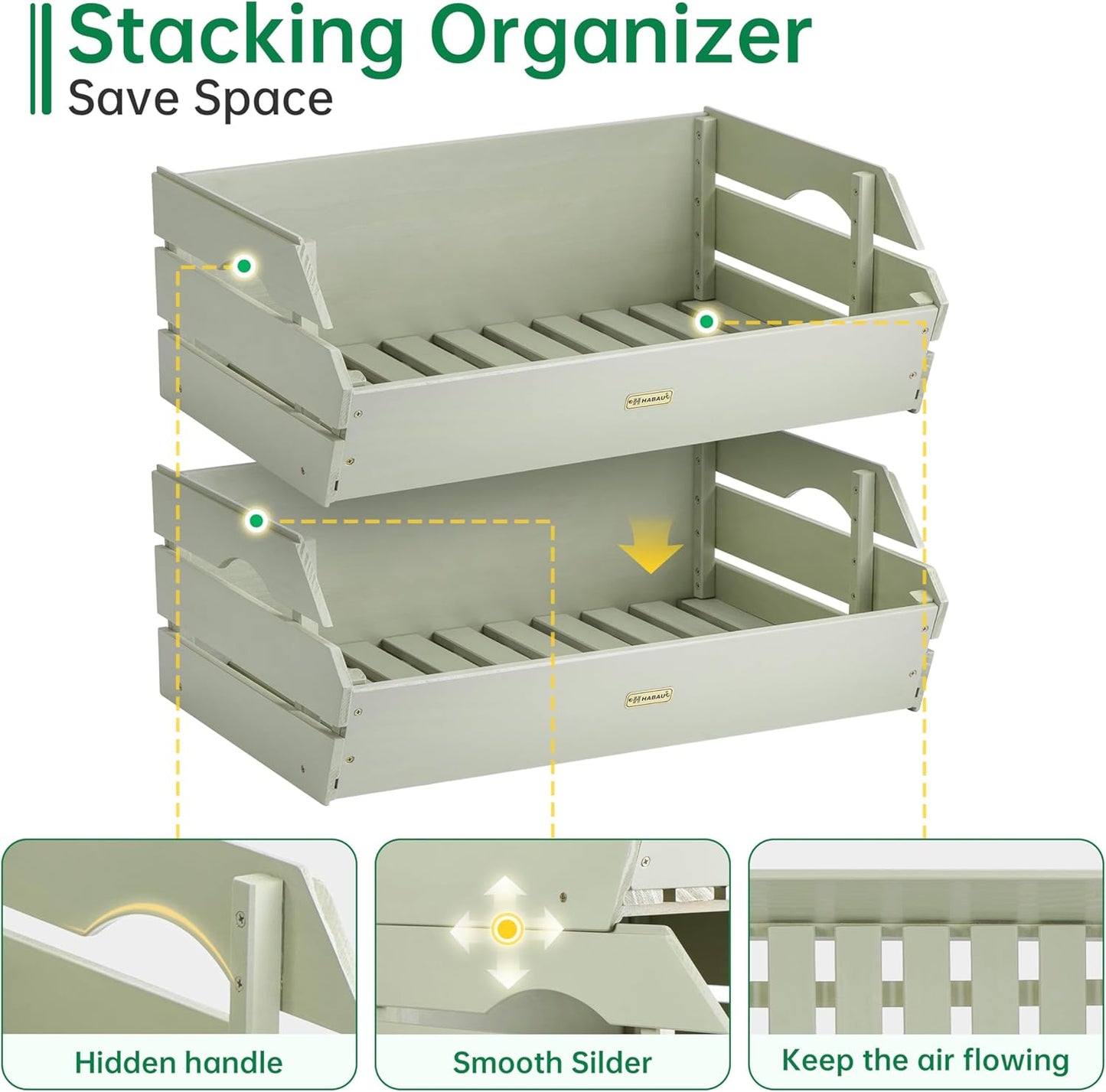 HABAU Wood Potato Onion Storage Bins - Wooden Stackable Produce Basket - Fruit Vegetable Storage for Kitchen Pantry Organization, Set 2 Pieces