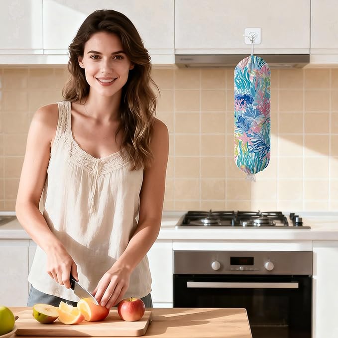 Plastic Bag Holder Dispenser, Plants Plastic Grocery Bag Organizer & Wall Mount Paper Trash Bag Saver Storage for Kitchen Home Pantry Decor, Shopping Bags Storage Dispenser