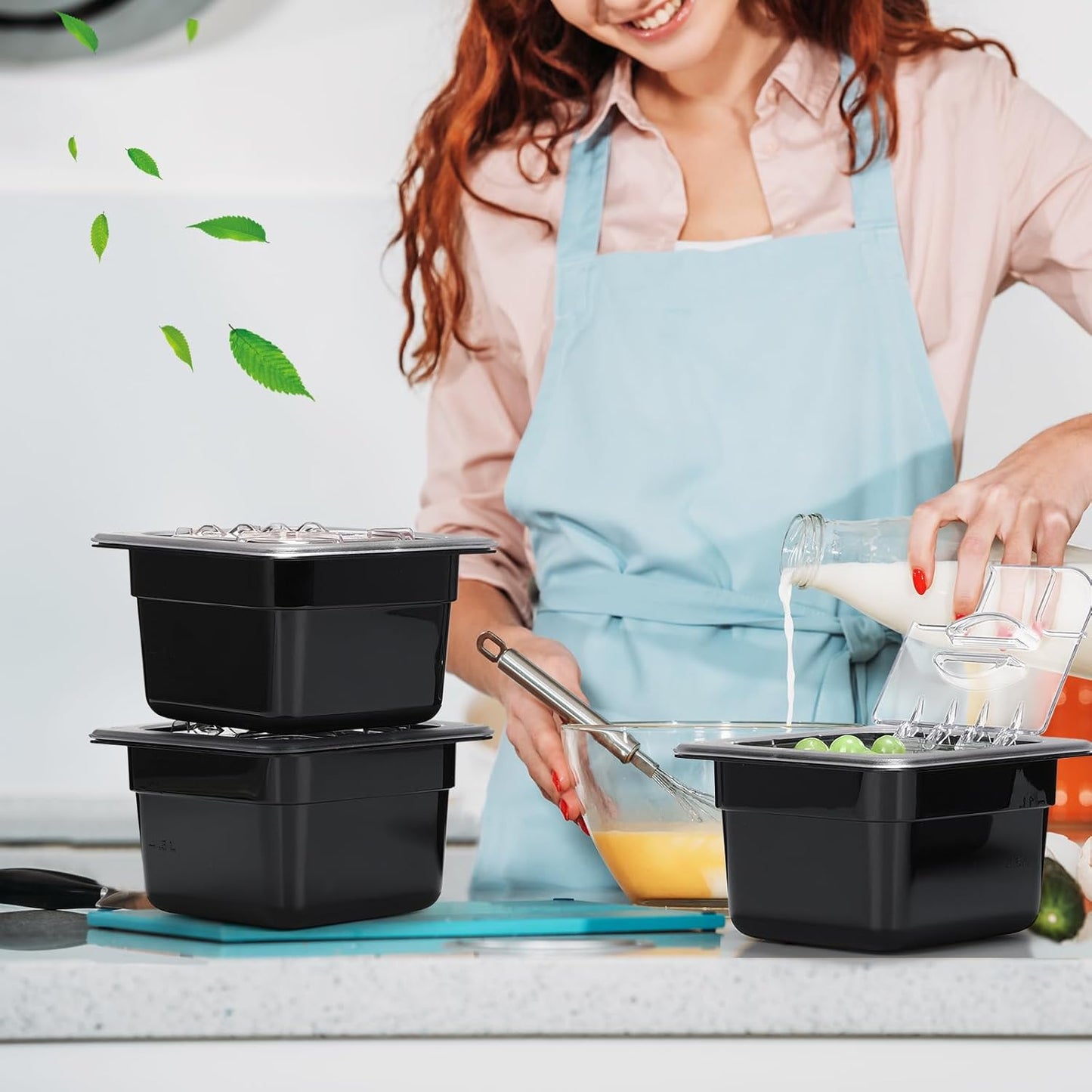 Geetery 12 Pack 4'' Deep Polycarbonate Food Pan with Lid Stackable Plastic Pan Restaurant Food Storage Containers with Hinged Lids for Hotel Supplies (Black)