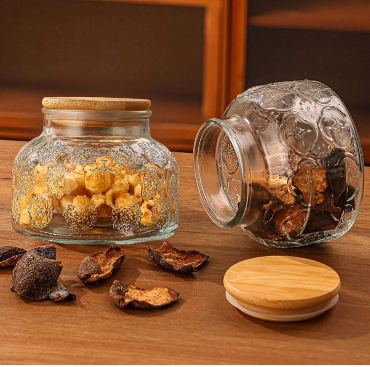 Vintage Glass Decorative Jar, 25.4 FL OZ Glass Food Storage Containers, Sugar Bowl, Kitchen Airtight Glass Jar for Candy Snack Cookies Coffee Tea Nuts (begonia), transparent