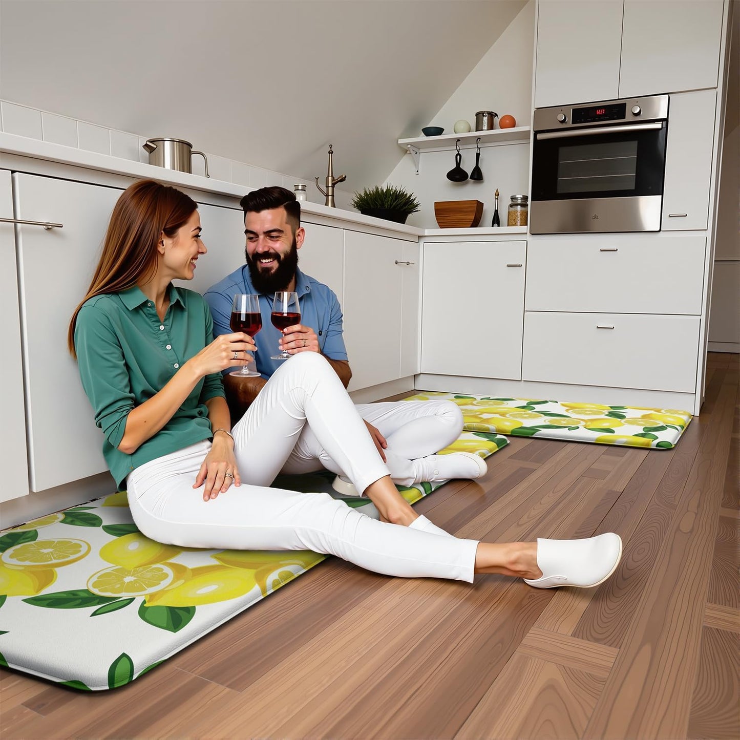 Lemon Kitchen Mats for Floor Set of 2 - Anti Fatigue Mats for Kitchen Floor, Cushioned Non-Skid Washable Memory Foam Rug for Office, Sink, Laundry (17.3"×29"+17.3"×47"-0.47") White