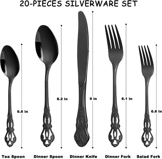 Black Silverware Set for 4, Stainless Steel Gorgeous Retro Royal Flatware Set, 20-Pieces Cutlery Tableware set, Kitchen utensils set Include Spoons And Forks Set, Mirror Finish, Dishwasher Safe