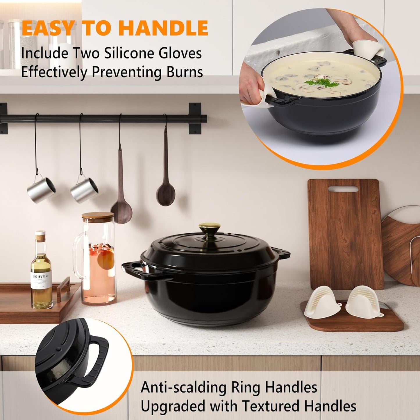 BONNLO 7.5QT Round Dutch Oven, Enameled Cast Iron Dutch Oven Pot with Lid & Dual Handles, Oven Safe Up to 500° F, for Sourdough, Bread Baking, Stews and Roasting (Black)