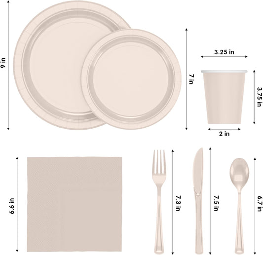 Exquisite 350 Pcs Ivory Paper Plates For Party, Ivory Disposable Plates Set, 50 Of Each 9" Dinner Plate Set, 7" Dessert Plate, Cups, Napkins & Cutlery Paper Dinnerware