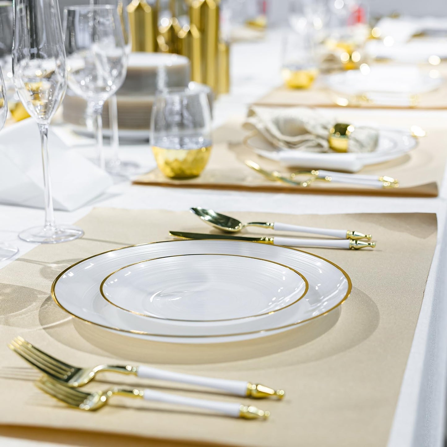 100PCS Pearl White Plastic Plates-Crystal Design Disposable Plates with Gold Rim, Fancy Disposable Plates Include 50 White Dinner Plate and 50 Dessert/Salad Plate for Party & Wedding