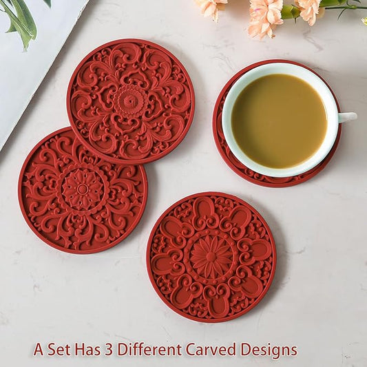 Colinda Silicone Coasters - Set of 6 with Holder, Non-Slip Cup Mats for Hot and Cold Drinks, Decorative Designs, Gift Ready Packaging,Merlot Red