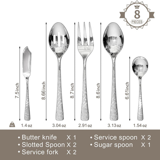 KINGSTONE Hammered 8-Piece Serving Utensil Set, 18/10 Stainless Steel Flatware for Catering, Party Include Spoons, Slotted Spoon, Fork, Butter Knife - Mirror Finish & Dishwasher Safe