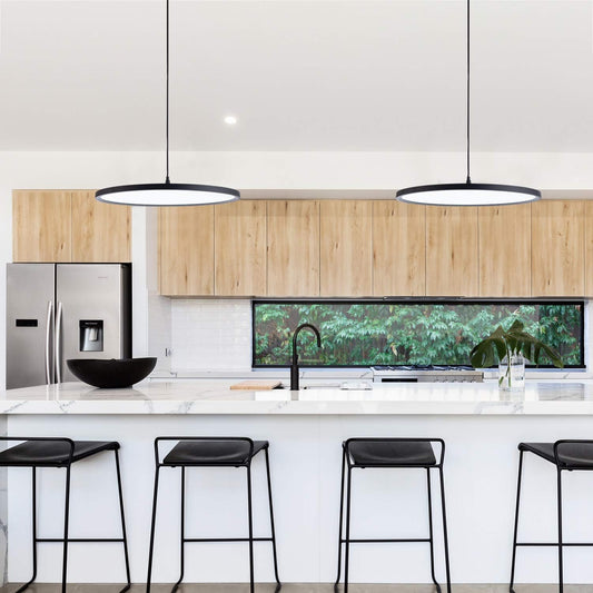 MADEM Modern LED Pendant Light 23.6'' Disc Chandelier Hanging Lighting Fixture with Acrylic Shape Dimmable Office Chandelier 6000K for Office Room Football Bedroom Decor Kitchen Island, Black