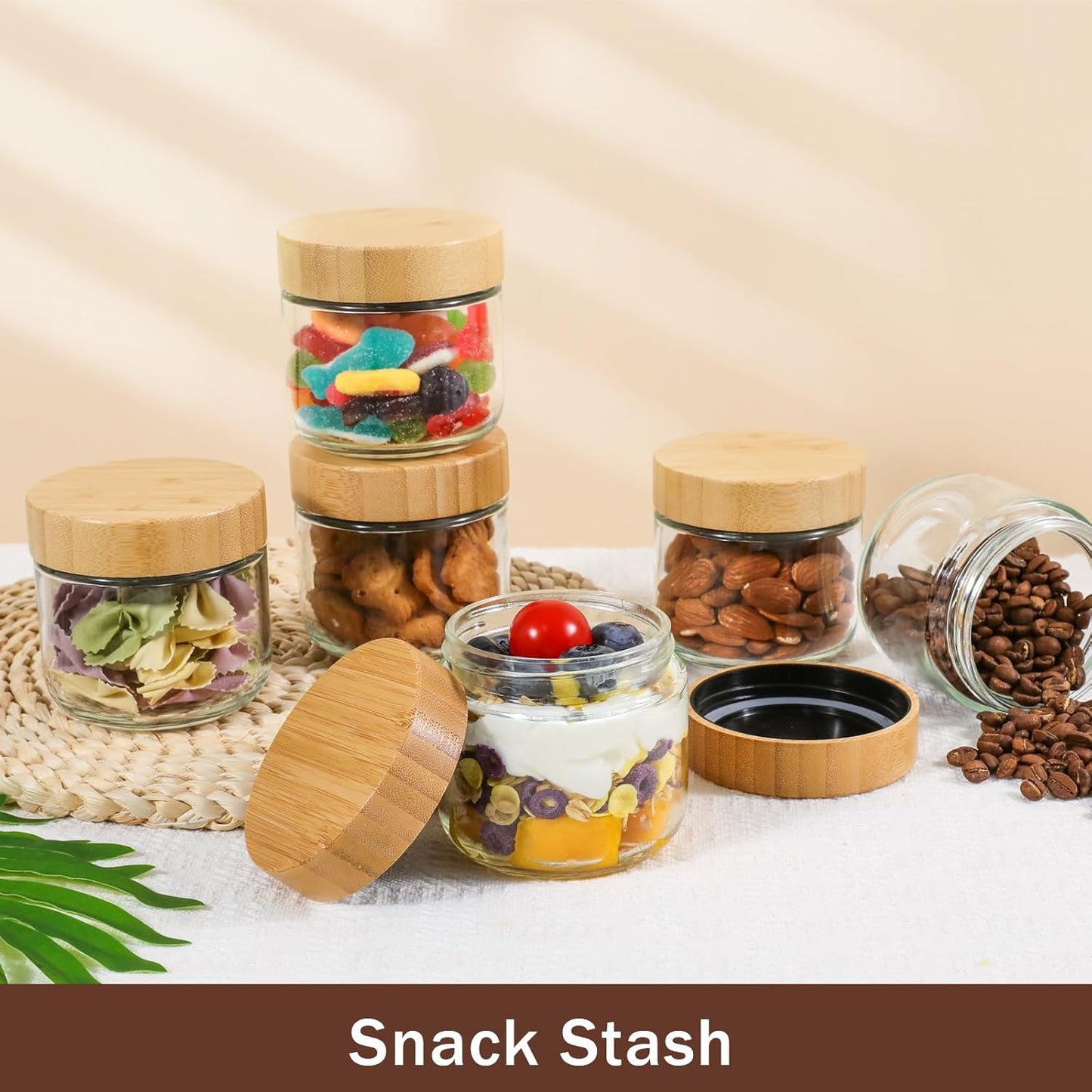 OcePor 4 Pack 10oz Glass Jars with Bamboo Lids, Over Night Oats Container with Airtight Lid, Glass Snack Storage Salad Jars For Food, Yogurt, Sugar and Flour,Coffee Bean, Cookie, Cereal