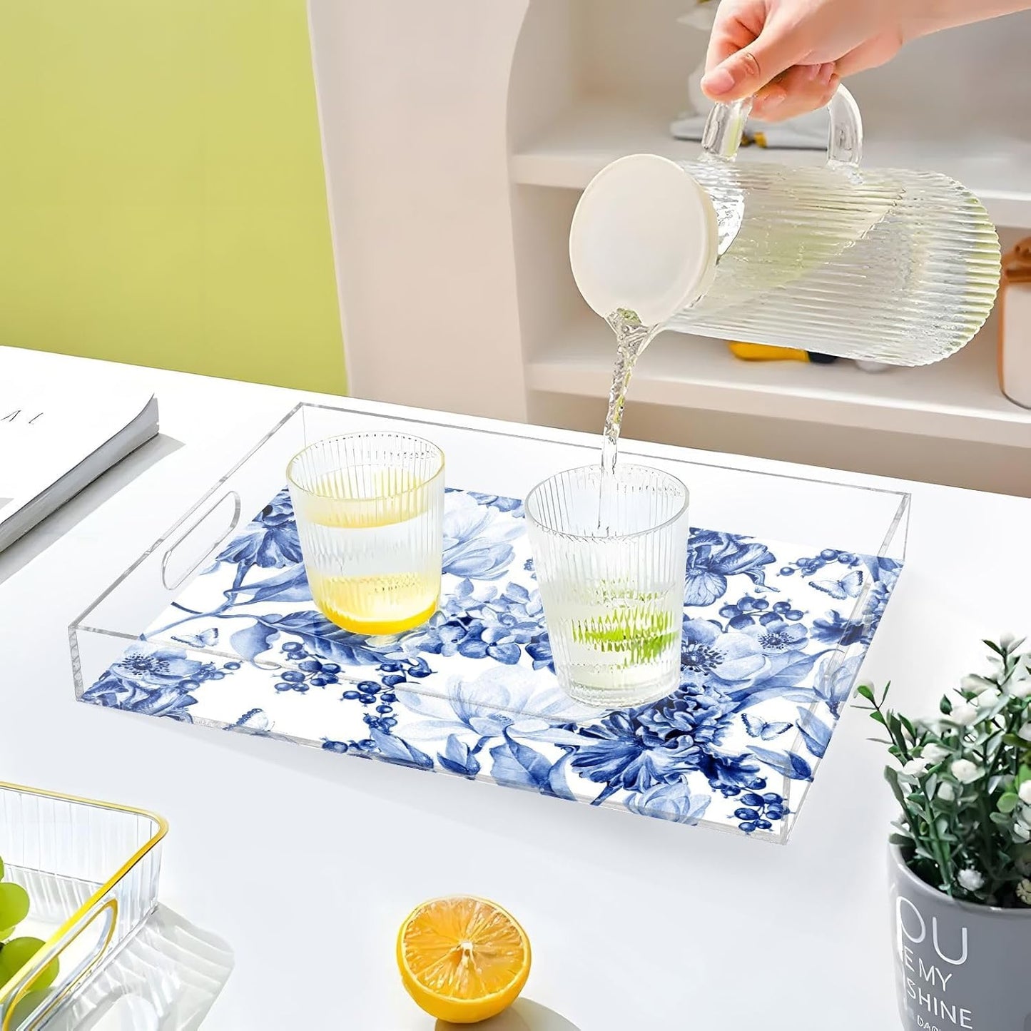 Acrylic Serving Tray with Handles Spill Proof Kitchen Storage Tray Clear Decorative Tray Makeup Drawer Organizer Storage Tray for Bathroom Living Room Ottoman 15.7x11.8Inches