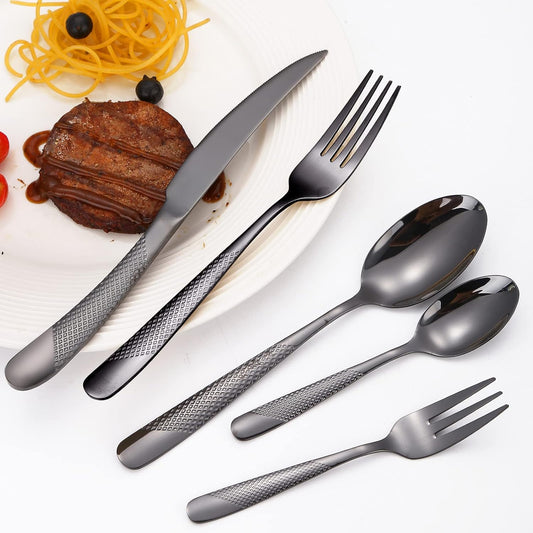 A·HOUSEWARE Black Silverware Hammered Flatware Kichen Stainless Steel Cutlery Set for 4 include Metallic Forks Knives Spoons 20 Pieces Utensils Restaurant Parties Everyday Use