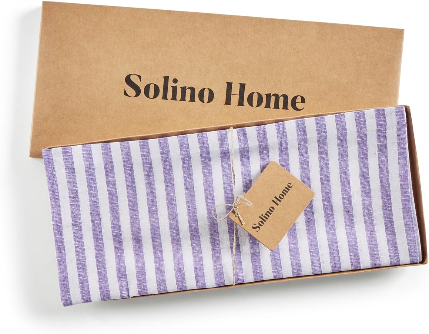 Solino Home Striped Linen Table Runner 90 Inches Long - Amalfi Stripe 100% Pure Linen Violet and White Dining Table Runner 14 x 90 Inch