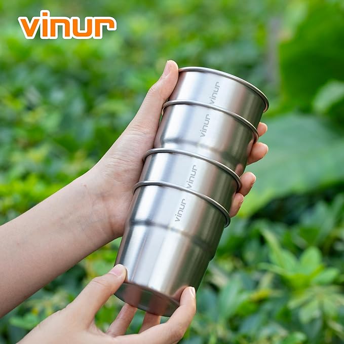 VINUR 4 Pack Stainless Steel Cups 8 oz Pint Tumbler Stackable Metal Drinking Glasses for Travel, Camping, Outdoors (Silver)
