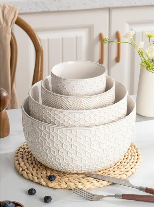 Ceramic Mixing Bowls, Embossed Nesting Bowls, Mixing Bowl Set of 4, Mixing Bowls for Cooking, Baking, Serving, Popcorn, Salad etc, Microwave and Dishwasher Safe, 20/47/99/148 oz, Off-White