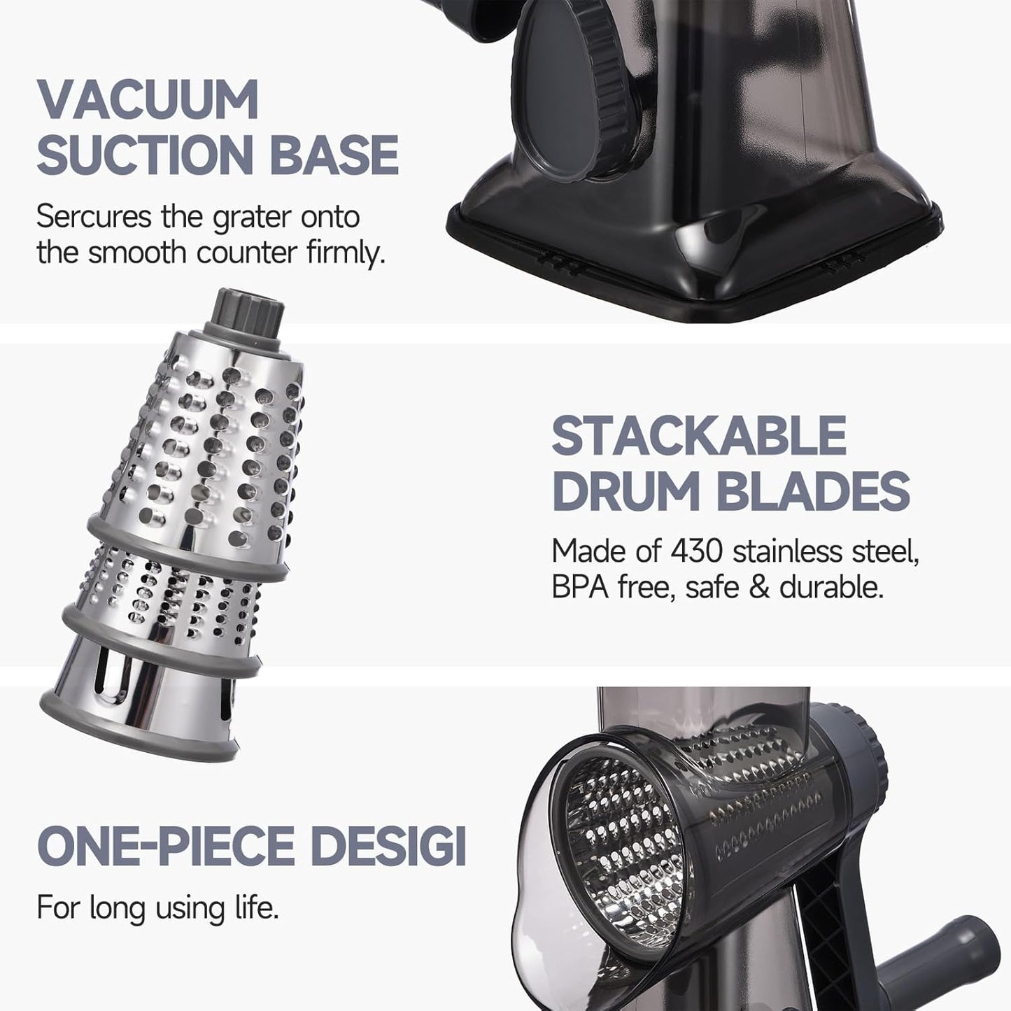 Rotary Cheese Grater with Handle Kitchen Shredder Slicer Grater Slicer Ice Shaver Cheese Vegetable Nuts Potato Zucchini Chocolate 3 Interchangeable Blades (Grey TSP)