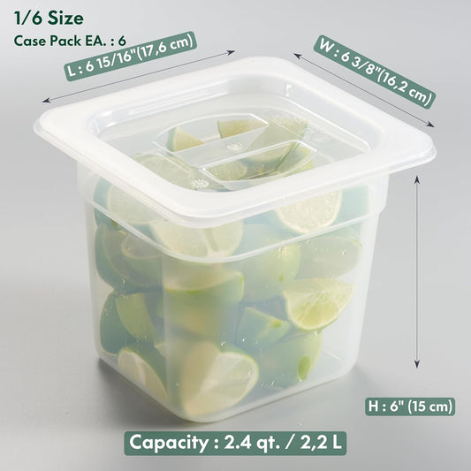 CURTA 6-Pack 1/6 Size 6" Deep Food Pan with Handled Lid – NSF Listed Commercial-Grade Translucent Polypropylene, Stackable Freezer-safe Storage for Restaurants, Catering & Buffets