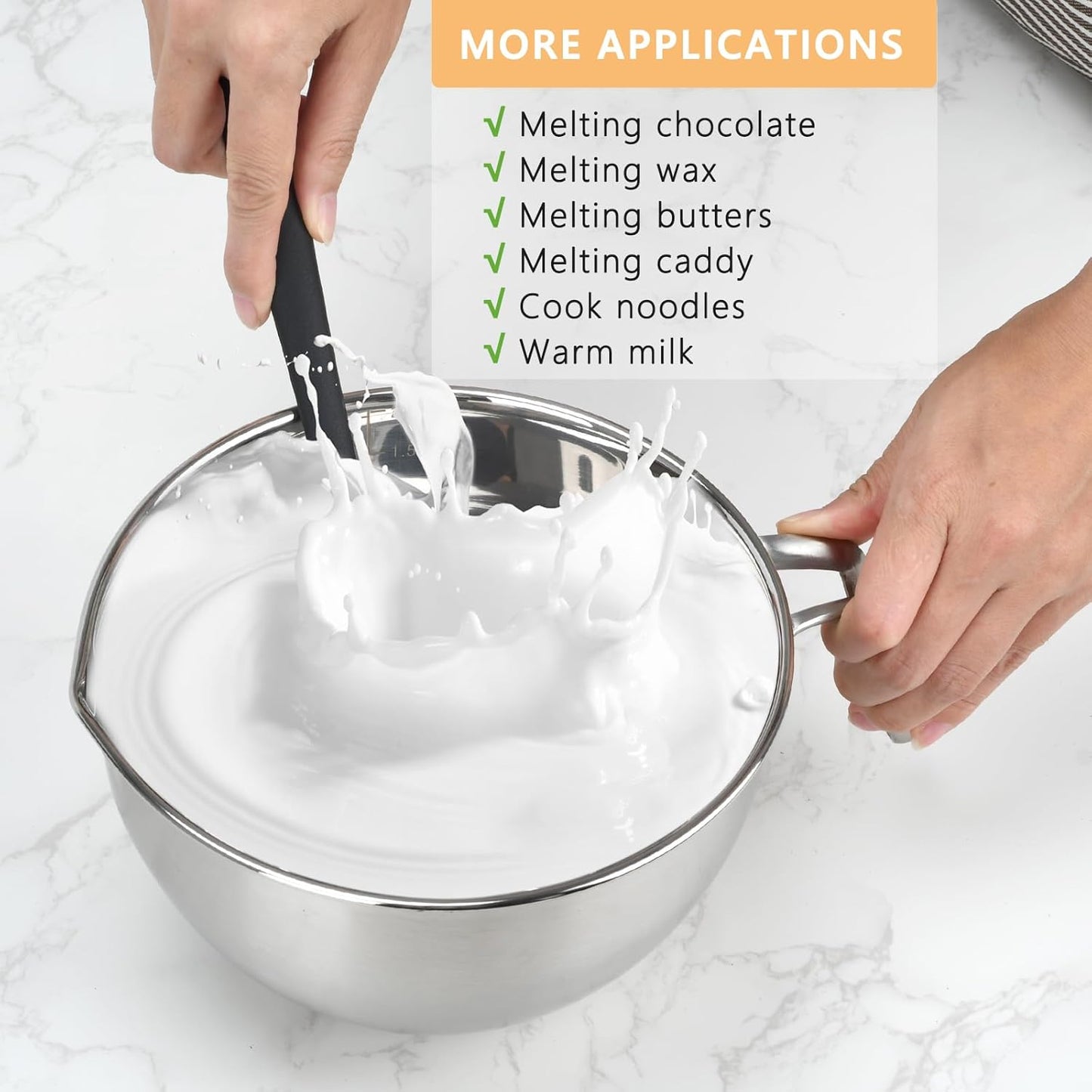 3PCS Double Boiler Pot Set, 2000ML/1.8QT Mixing Bowl with Scale 2800ML/ 2.54QT Stainless Steel Heating Pot with Silicone Spatula for Cheese Chocolate Candy Candle Soap Wax Melting (2000ml+2800ml)