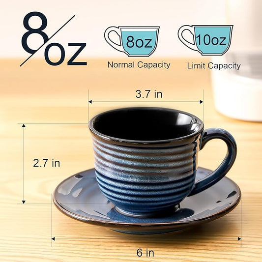Hasense Ceramic Cappuccino Cups and Saucers Set of 4, 8 oz Tea Coffee Cups Set for Home and Office, Espresso Mugs for Coffee, Cappuccino, Latte, Americano, Milk and Tea - Navy Blue