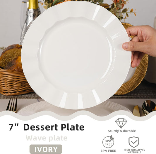 72 Pack Ivory Plastic Plates, 7" Disposable Wave Salad/Dessert Plates Elegant Heavy Duty Plate for Party, Wedding, Thanksgiving, Christmas