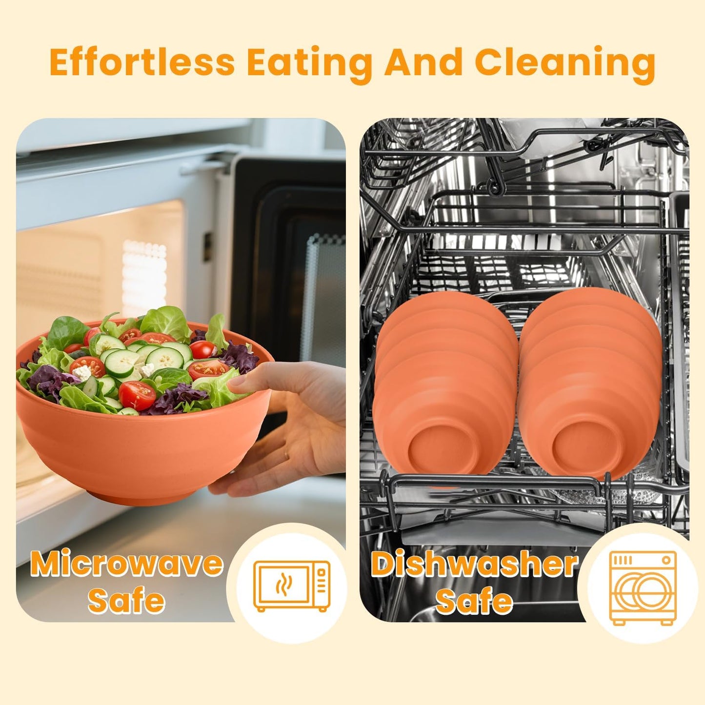 Homienly 60 OZ Large Salad Bowls,Wheat Straw Bowls Set of 8,Large Serving Bowl for Wedding Parties, Microwave and Dishwasher Safe Bowl for Salad,Soup,Big Bowls for Kitchen-Orange