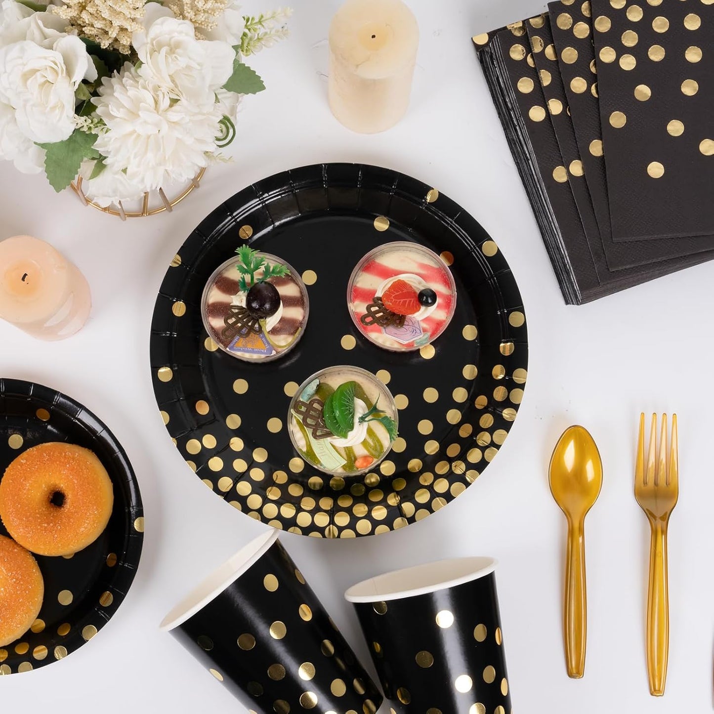 DECORLIFE 336PCS Black and Gold Disposable Dinnerware Set Serves 48, Black Paper Plates Napkins Cups, Gold Plastic Forks Spoons Knives for Graduation New Year Party Supplies
