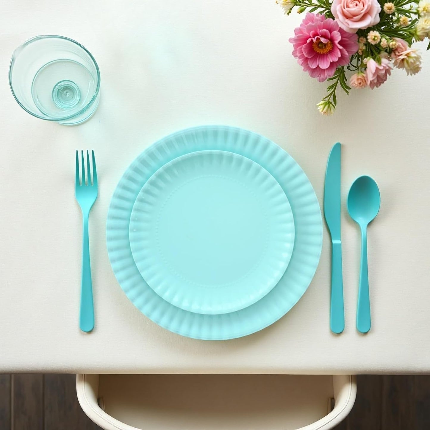 TP Melamine Dinner Plates Set of 8, 8” Salad Dessert Plates and 10.5” Dinner Plates, Dinnerware Set for 4, Indoors and Outdoors, Teal