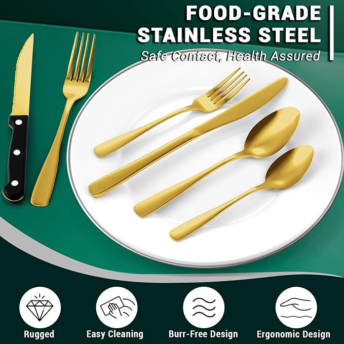 BEWOS 72-Pieces Gold Silverware Set for 12 - Stainless Steel Flatware Set with Mirror Polish, Gold Silverware Set Including Steak Knives, Forks and Spoons, Dishwasher Safe for Restaurant
