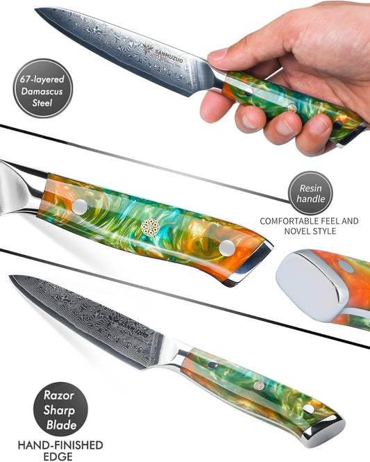 5 Inch Kitchen Utility Knife - Xuan Series Kitchen Knives - VG10 Damascus Steel with Resin Handle (Fantasy Orange)