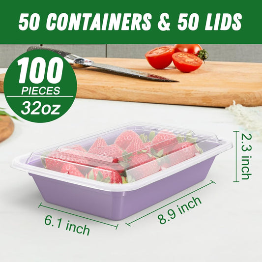 50 Pack (100-Piece) 32 oz Meal Prep Containers Reusable with Easy Open Lids, Sturdy Leakproof Food Safe, Microwave Freezer Dishwasher Safe, To Go Take Out Plastic Food Storage Pans with Lids, Lilac
